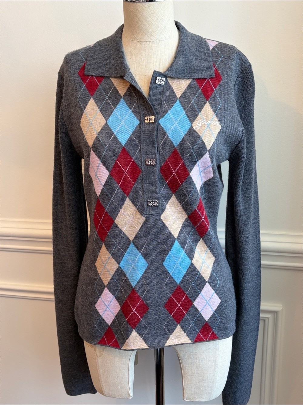 Ganni Gray Argyle Polo Sweater